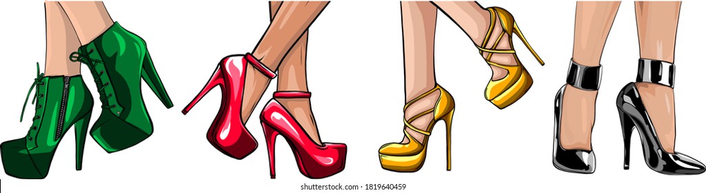 Vector girls in high heels. Fashion illustration. Female legs in shoes. Cute design. Trendy picture in vogue style. Fashionable women. Stylish ladies.