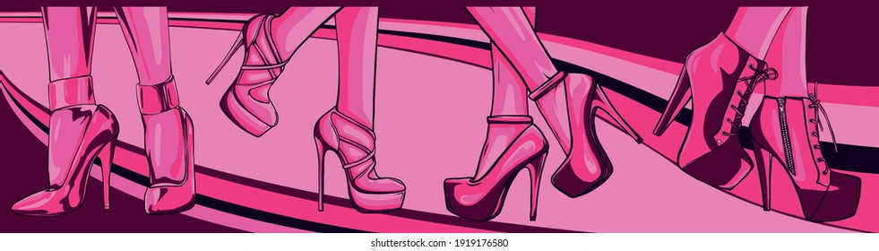Vector girls in high heels. Fashion illustration. Female legs in shoes.