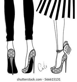 Vector girls in high heels. Fashion illustration. Female legs in shoes. Cute design. Trendy picture in vogue style. Fashionable women. Stylish ladies.