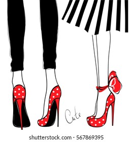 Vector girls in high heels. Fashion illustration. Female legs in shoes. Cute design. Trendy picture in vogue style. Fashionable women. Stylish ladies.