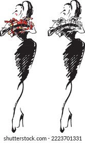 Vector girls holding gift boxes and wearing black dress, high heels. Isolated on white elements for design holiday card, poster in sketch style.