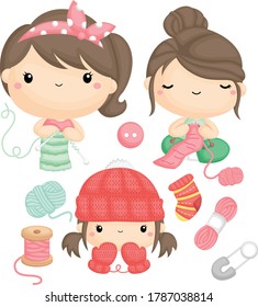 a vector of girls knitting and their finished clothes