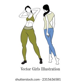 Vector Girls Line drawing, Two fit girls vector illustrations, Tall and beautiful woman illustration