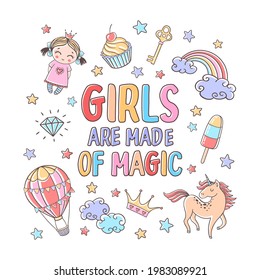 Vector Girls are made of magic illustration with hot air balloon, princess, unicorn, rainbow, clouds and stars. Fairytale colorful cartoon background 