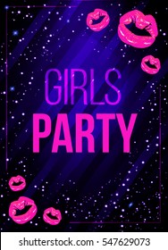 Vector girls night party poster illustration with shining pink lips.