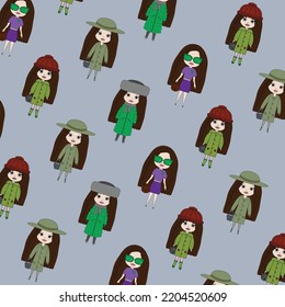 Vector girls pattern. Colorful toys  on gray  background