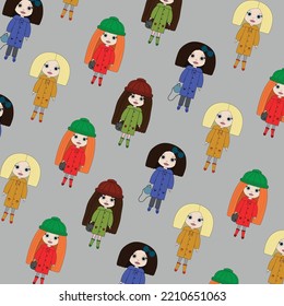 Vector girls pattern. Colorful toys  on gray  background