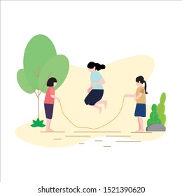 Vector girls play jump rope in the yard cheerfully. Traditional game with a rope made of rubber bands connected. Traditional sport. Outdor flat illustration 