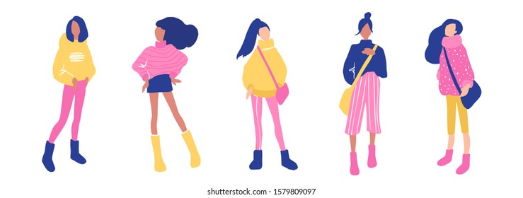 Vector girls set in flat style. Young teenagers illustration isolated on white background. Beautiful people outfits. Fashion teens. Female cartoon characters.