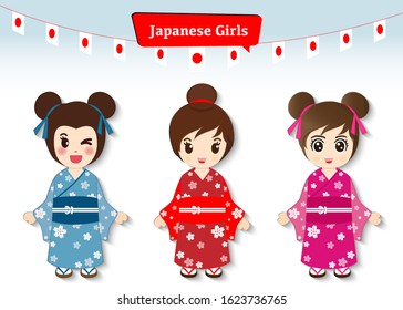 Vector The girls in traditional japanese costume. kimono, Japanese cartoon, illustration.