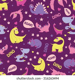 Vector Girly Dinosaurs Roaring Seamless Pattern. Blue Tyrannosaurus, Pink Stegosaurus, Yellow Diplodocus