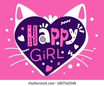 Vector girly poster with bright cat heart with ears and header on pink background