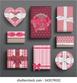 Vector girly romantic valentine's boxes and bows