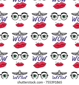 Vector Girly Seamless pattern background. Modern fashion illustration girl with glasses. Red lips. WOW Girl