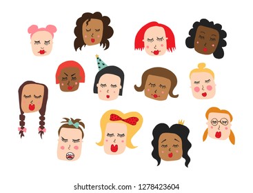Vector girly set of beautiful cartoon girls faces. Close up girl face in doodle style. Flat design of young woman emotions for valentines day greeting postcard, 8 march card template, icon, invitation