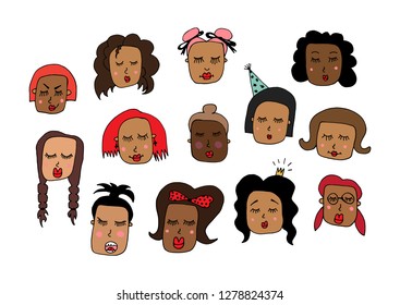 Vector girly set of beautiful cartoon girls faces. Close up girl face in doodle style. Flat design of young woman emotions for valentines day greeting postcard, 8 march card template, icon, invitation
