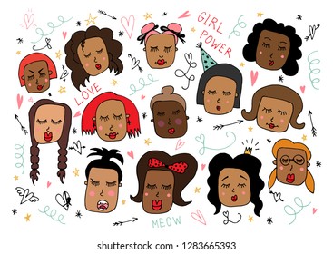 Vector girly set of beautiful cartoon girls faces. Close up girl face in doodle style. Flat design of young woman emotions for valentines day greeting postcard, 8 march card template, icon, invitation