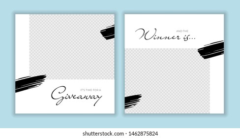 Vector giveaway story trendy templateset. Black and white frames with hand drawn brush strokes place for photo and title text. Design element for social media network post, ad, announcement of winner