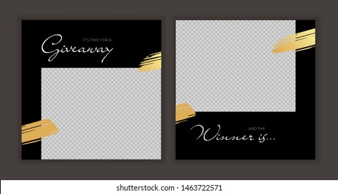 Vector Giveaway Story Trendy Templateset. Black And White Frames With Gold Brush Strokes Place For Photo And Title Text. Design Element For Social Media Network Post, Ad, Announcement Of Winner