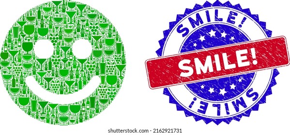 Vector glad smile icon wine combination with grunge bicolor Smile. stamp. Red and blue bicolored stamp with grunge texture and Smile. caption. Glad smile collage icon composed with wine glasses,