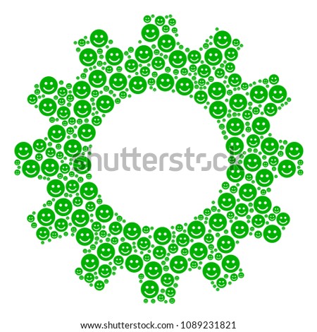 Vector glad smile icons are arranged into cog collage. Equipment design concept constructed of glad smile pictograms.