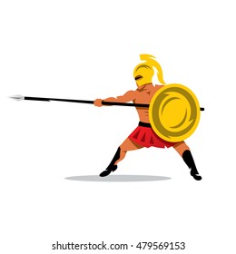 Vector Gladiator Warrior Cartoon Illustration. Spartan fighter with spear and shield. Unusual Logo template isolated on a white background