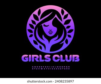 Vector glamor card Girls Club with decorative Girl. Glossy Violet Font. Set of Premium Alphabet Letters and Numbers.