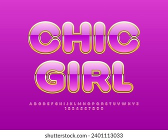 Vector glamorous icon Chic Girl. Luxury Font. Cute Pink and Gold Alphabet Letters and Numbers.