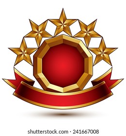Vector glamorous round element with red filling, 3d polished five golden stars symbol with festive ribbon. Dimensional decorative stars, elegant shaped blazon. 