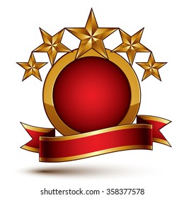 Vector glamorous round element with red filling, 3d polished five golden stars symbol with festive ribbon. Dimensional decorative stars, elegant shaped blazon. Eps8.