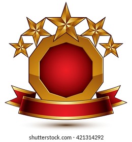 Vector glamorous round element with red filling, 3d polished five golden stars symbol with festive ribbon. Dimensional decorative stars, elegant shaped blazon.