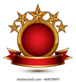 Vector glamorous round element with red filling, 3d polished five golden stars branded symbol with festive ribbon. Dimensional decorative stars, elegant shaped blazon. Eps8.