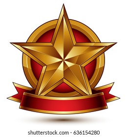 Vector glamorous round element with red filling, 3d polished five golden stars branded symbol with festive ribbon. Dimensional decorative stars, elegant shaped blazon. Eps8.