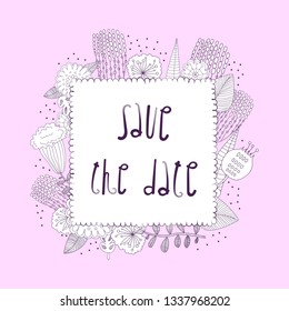 vector glamorous Save the Date posctard with text space, augmented with childlike cute flowers.