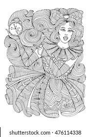 Vector glamorous young girl slowpoke is late on time, she shows finger on the her watch. She is late for a date. Pattern page for coloring book A4 size. Coloring book for adults. Zentangle drawing. 