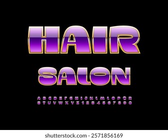 Vector glamour advertisement Hair Salon with Gold and Violet Font. Shiny stylish Alphabet Letters and Numbers set