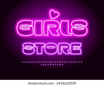 Vector Glamour Banner Girls Shop. Stylish Glowing Font. Pink Neon Alphabet Letters and Numbers set.