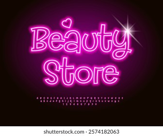 Vector Glamour Emblem Beauty Store with decorative Heart. Pink Neon Font. Elegant Alphabet Letters and Numbers set