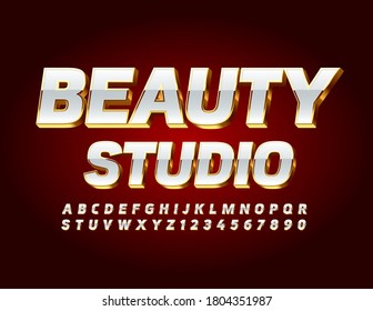 Emblema de glamour vectorial Estudio de belleza. Letras y números de alfabeto blanco y dorado. Fuente brillante chic