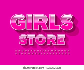 Vector glamour emblem Girls Store. Pink creative Font. Bright Alphabet Letters and Numbers set