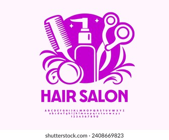 Vector glamour Emblem Hair Salon with decorative elements. Purple Trendy Font. Bright set of Alphabet Letters and Numbers.