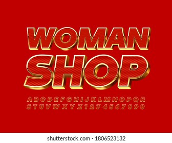 Vector glamour emblem Woman Shop. 3D Red and Gold Font. Luxury Alphabet Letters and Numbers set
