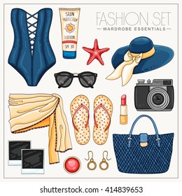 Vector glamour fashion woman's set with beach clothes and accessories. Summer outfit with swimsuit, hat and pareo 