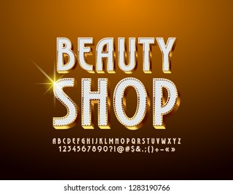 Vector Glamour Golden Logo Beauty Shop. Shiny 3D Font. Luxury glossy Alphabet Letters set