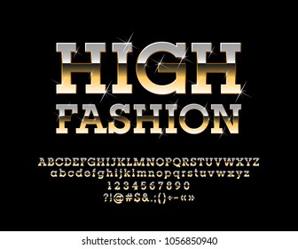 Vektorillustration Glamour Golden Sign High Fashion. Eleganter HochglanzFont mit hellen Sternen. Luxuriöse Alphabet-Buchstaben, Zahlen und Symbole