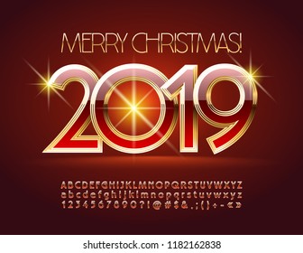 Vector Glamour Greeting Card Merry Christmas 2019. Luxury Font. Red and Golden Alphabet Letters, Numbers and Symbols.