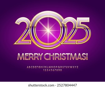 Vector glamour Greeting Card Merry Christmas 2025! Modern Elite Font. Beautiful Violet and Golden Alphabet Letters and Numbers set.