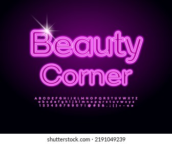 Vektorglamour Logo Beauty Corner. Rosa Neonschrift. Leuchtende Alphabet-Buchstaben, -Zahlen und -Symbole