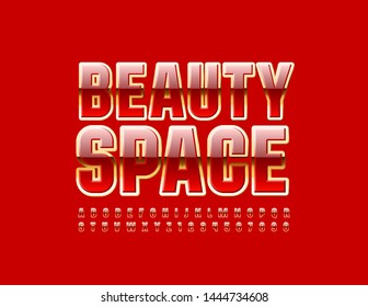 Logo de glamour vectorial Espacio de belleza. Fuente en mayúscula roja y dorada. Letras y números de alfabeto lujosos y brillantes