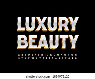 Vector glamour logo Luxury Beauty. White and Gold shiny Alphabet Letters and Numbers. Chic 3D Font